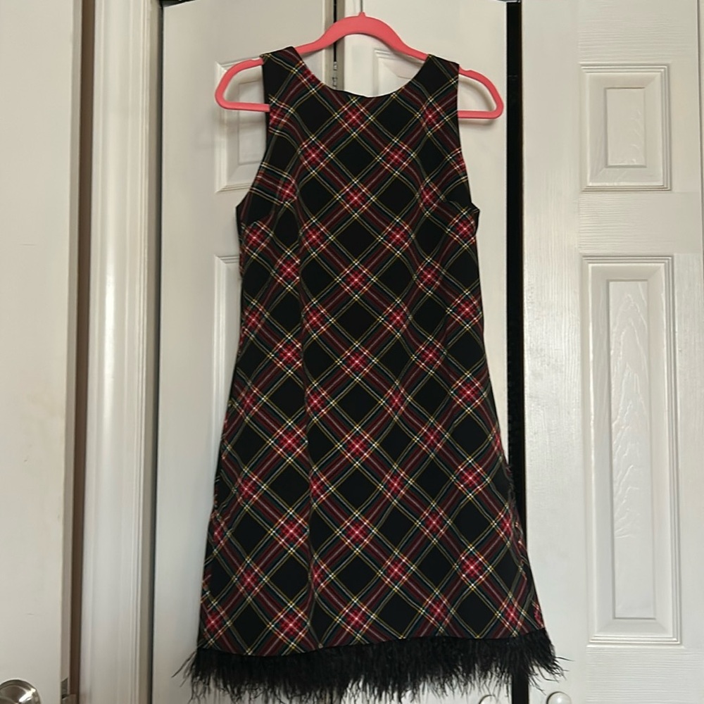 Plaid Shift Dress w/ Feather Trim